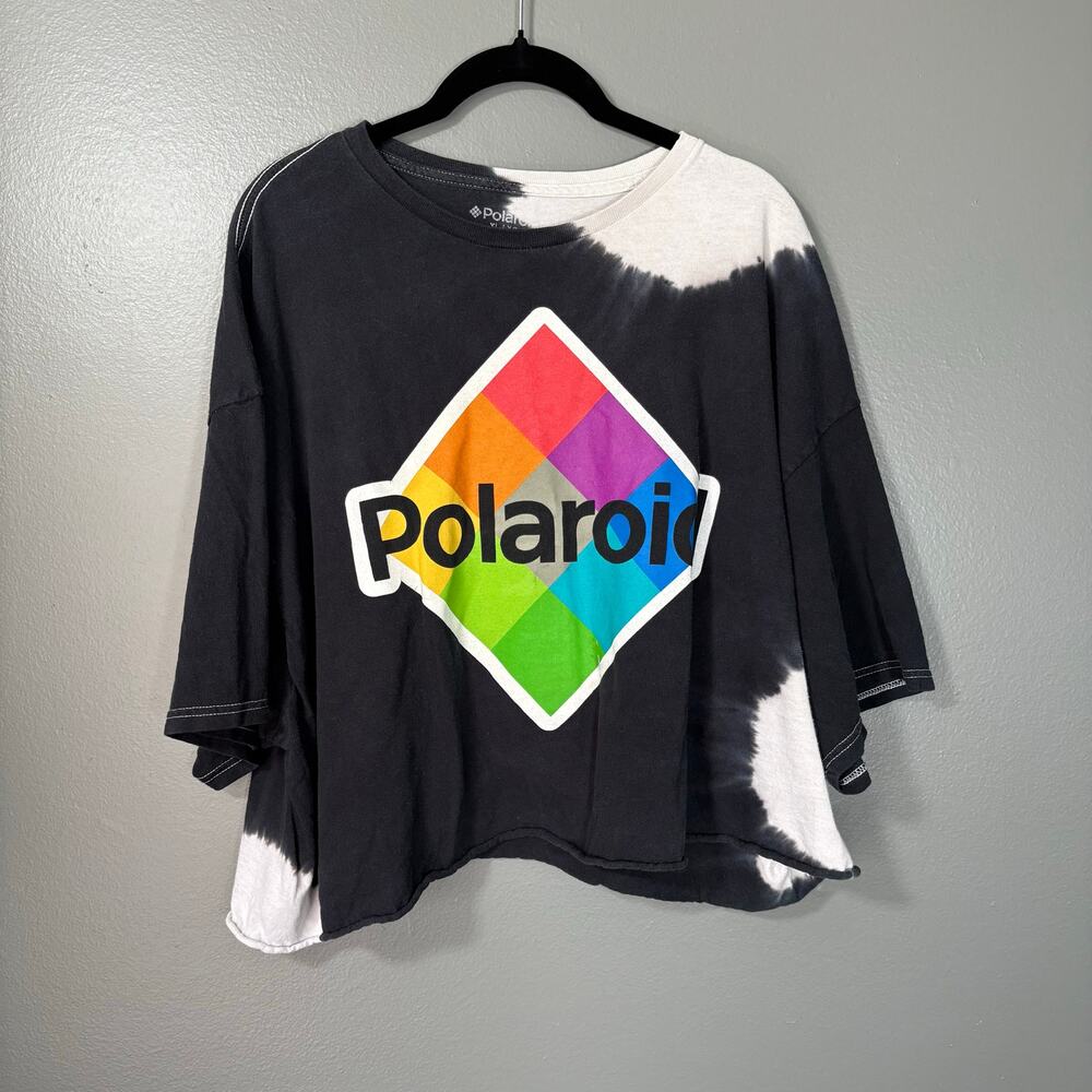 “POLAROID” Black/wht Tie-Dye RAINBOW Logo, Cropped Oversized T-Shirt - Size XL